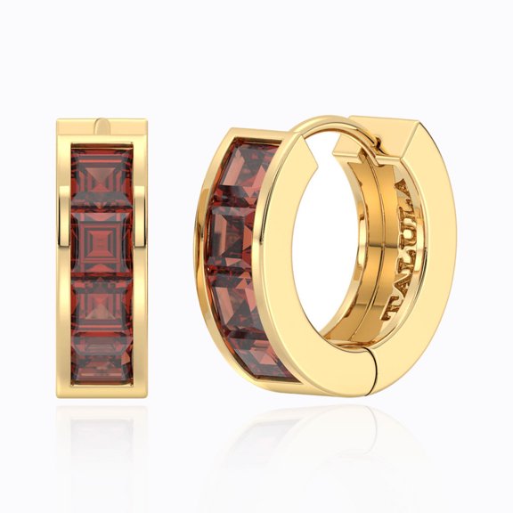 Natural Garnet Hoop Earrings | 14K Gold Plated Sterling Silver | Square Cut Red Gemstone Huggie Hoops | January Birthstone Jewelry