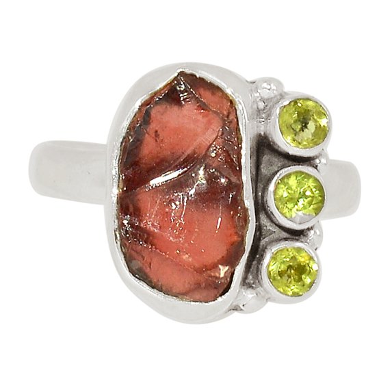 Natural Garnet - Madagascar & Peridot 925 Silver Ring s.7 ALLR-23435