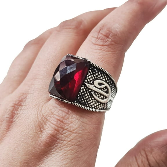 Natural Garnet Mans Ring, Checker Garnet Ring, January Birthstone, Silver Jewelry, 925 Silver Ring, Birthday Gift, Heavy Mens Ring, Arabic Design, Ottoman Ring, Christmas, Turkey Mens Signet Ring