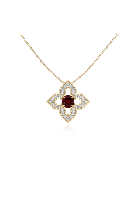Natural Garnet with Moissanite 4 Petal Flower Pendant Necklaces for Women in 18K Yellow Gold Vermeil,January Birthstone Jewelry Gifts for Her Birthday,Anniversary,Mothers Day,Christmas,Valentines