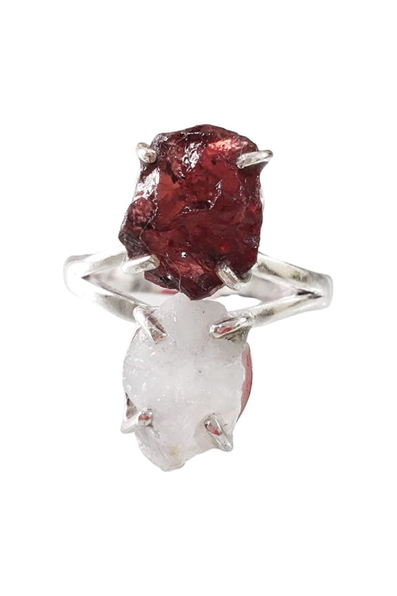 Natural Garnet Moonstone Ring, Double Gemstone Ring, January June Birthstone, Bohemian, 925 Sterling Silver, Womens Ring, Christmas, Thanksgiving, Handmade, Statement Jewelry, Rough Gemstone Jewelry