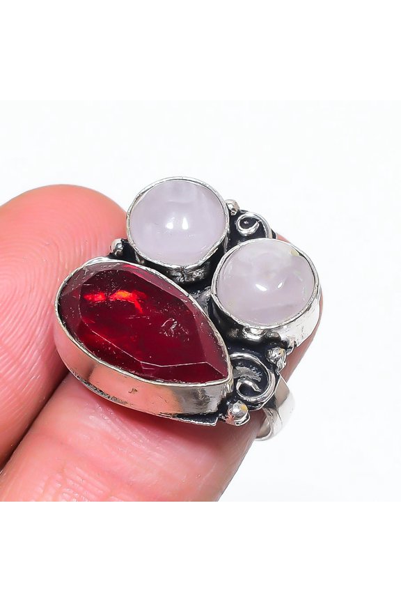 Natural Garnet, Quartz Gemstone 925 Sterling Silver Jewelry Ring Size 6
