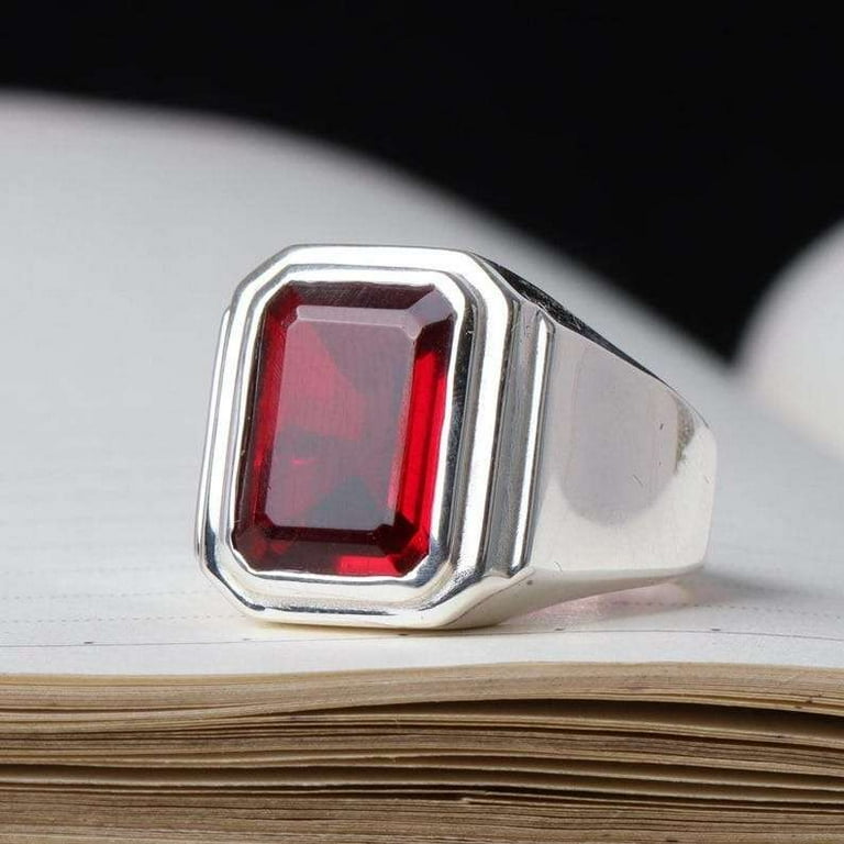 Amazon.com: Gem Stone King 5.06 Cttw Red Created Ruby Ring  Sterling Silver S925 Red Emerald Cut Statement Cocktail Ring Size 7.5 Glam Regal main image 1