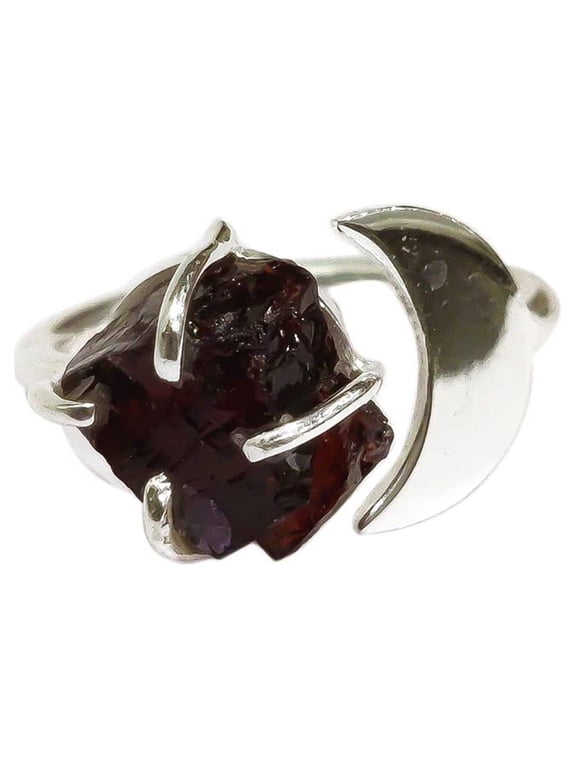 Natural Garnet Ring, Rough Garnet Adjustable Ring, January Birthstone, Crescent Moon, 925 Sterling Silver, Womens Ring, Christmas, Thanksgiving, Handmade, Statement Jewelry, Rough Gemstone Jewelry