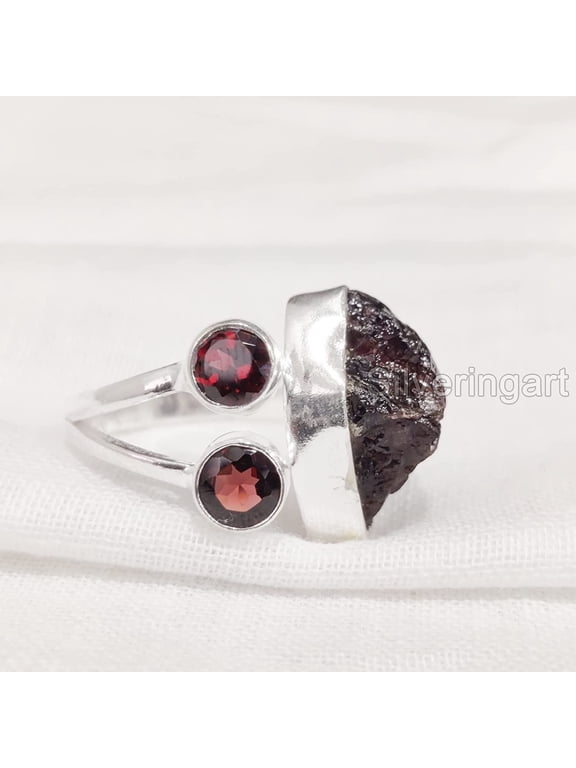 Natural Garnet Ring, Rough Garnet Adjustable Ring, January Birthstone, Three Stone, 925 Sterling Silver, Womens Ring, Christmas, Thanksgiving, Handmade, Statement Jewelry, Rough Gemstone Jewelry