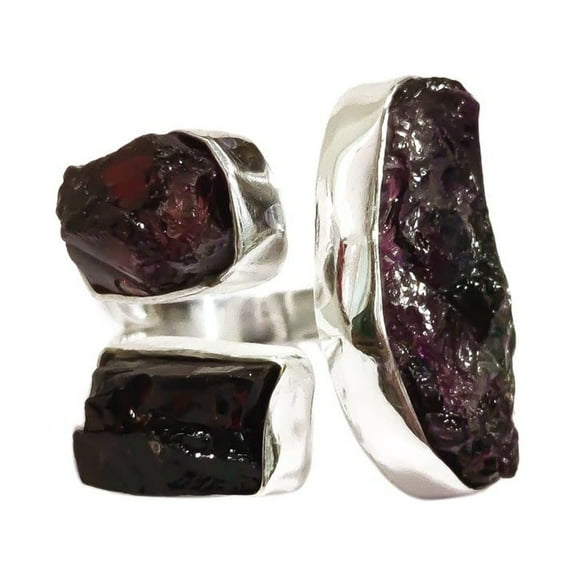 Natural Garnet Ring, Rough Garnet Adjustable Ring, January Birthstone, Three Stone, 925 Sterling Silver, Womens Ring, Christmas, Thanksgiving, Handmade, Statement Jewelry, Rough Gemstone Jewelry