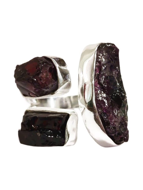Natural Garnet Ring, Rough Garnet Adjustable Ring, January Birthstone, Three Stone, 925 Sterling Silver, Womens Ring, Christmas, Thanksgiving, Handmade, Statement Jewelry, Rough Gemstone Jewelry