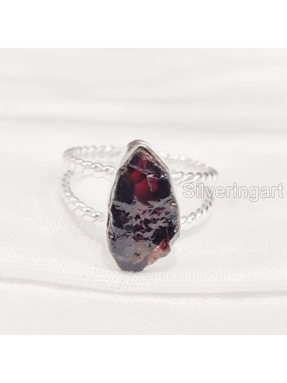Natural Garnet Ring, Rough Garnet Gemstone Ring, January Birthstone, Twisted 2 Band, 925 Sterling Silver, Womens Ring, Christmas, Thanksgiving, Handmade, Statement Jewelry, Rough Gemstone Jewelry