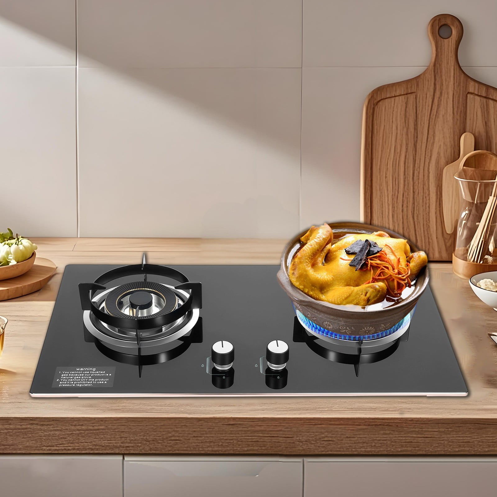 Natural Gas Cooktop, 73cm High Power Gas Stove, 5.2kW & 4.2kW Burner Tempered Glass Cooktop, Built-in Stovetop for Kitchen, Energy Efficient, Copper Flame Separator