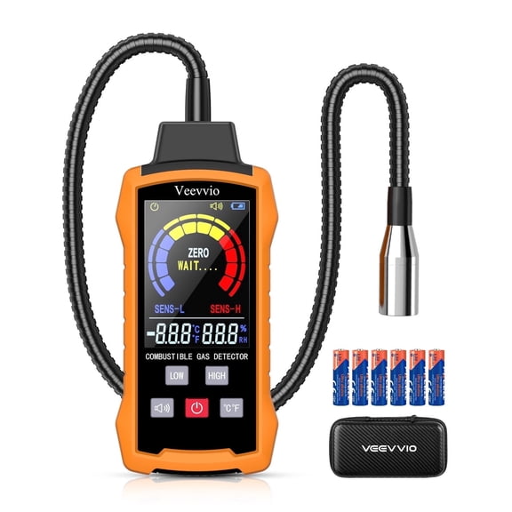 Veevvio Natural Gas Detector with 18-inch Gooseneck, Gas Sniffer with Temp/Humidity for Home RV (Includes Battery x6)