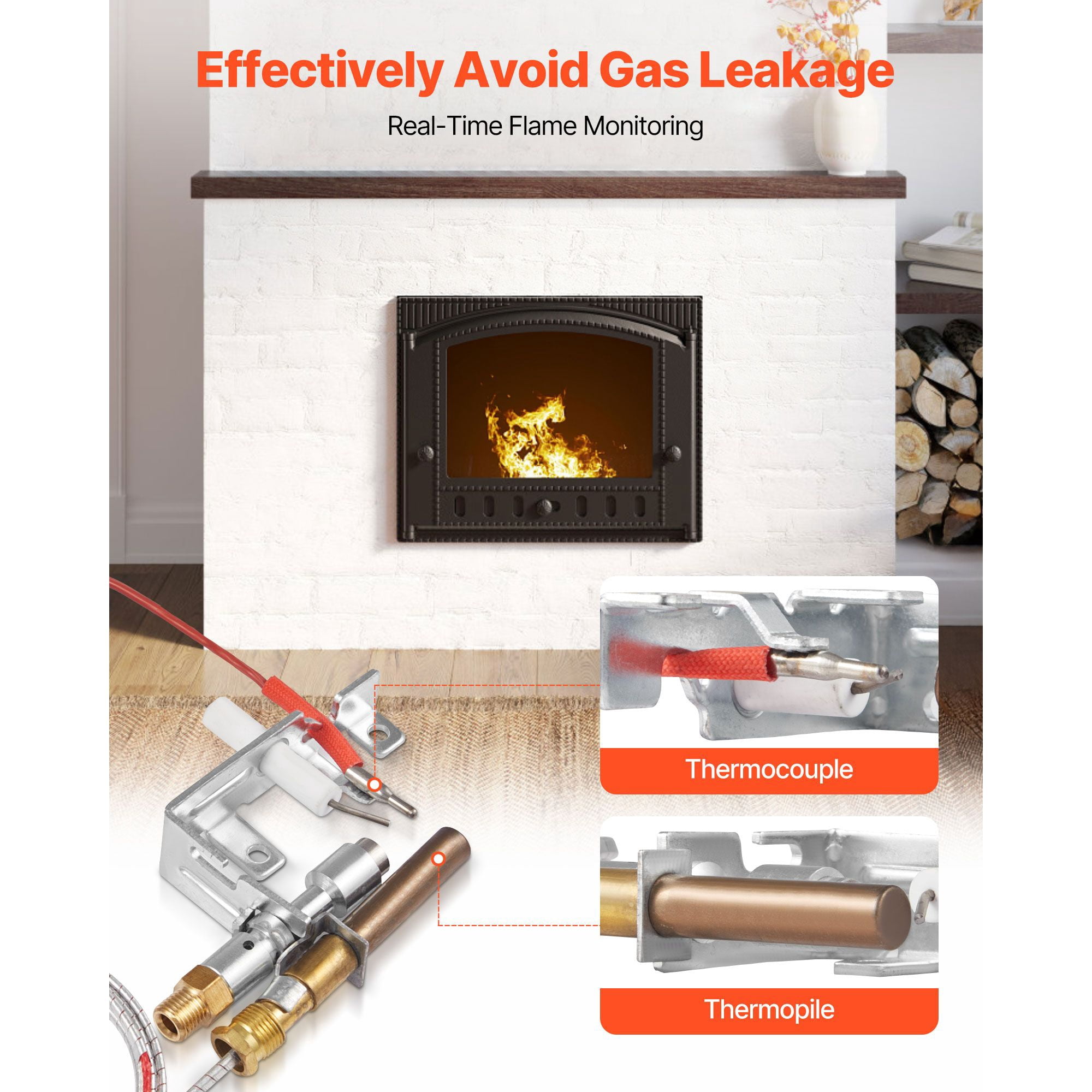 Natural Gas Fireplace Pilot Ignition Assembly, 33in Thermocouple + 20in Thermopile, OEM Replacement Flame Monitoring for Gas Fireplace Heating Unit