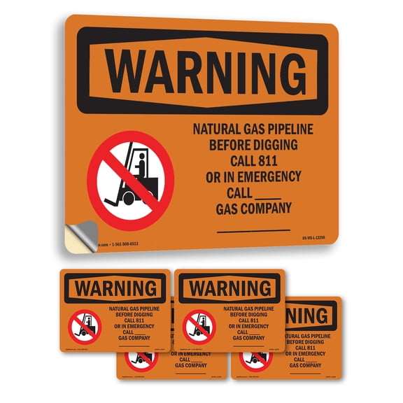Natural Gas Pipeline Before With Symbol OSHA WARNING Vinyl Decal Label 5 Inch x 3.5 Inch - 5 Pack