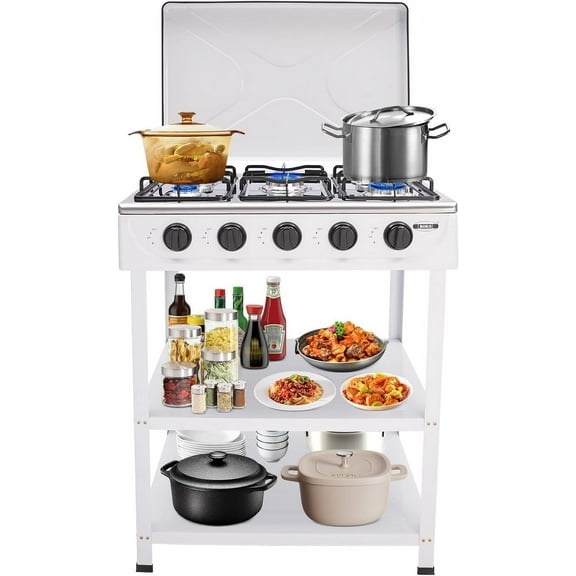 Natural Gas Stove, Manual Ignition Portable Gas Stove with 5 Burners & 2 Placement Boards & Independent Control for Stir-frying, Cooking Pasta, Boiling Soup for Outdoor Activities (White)