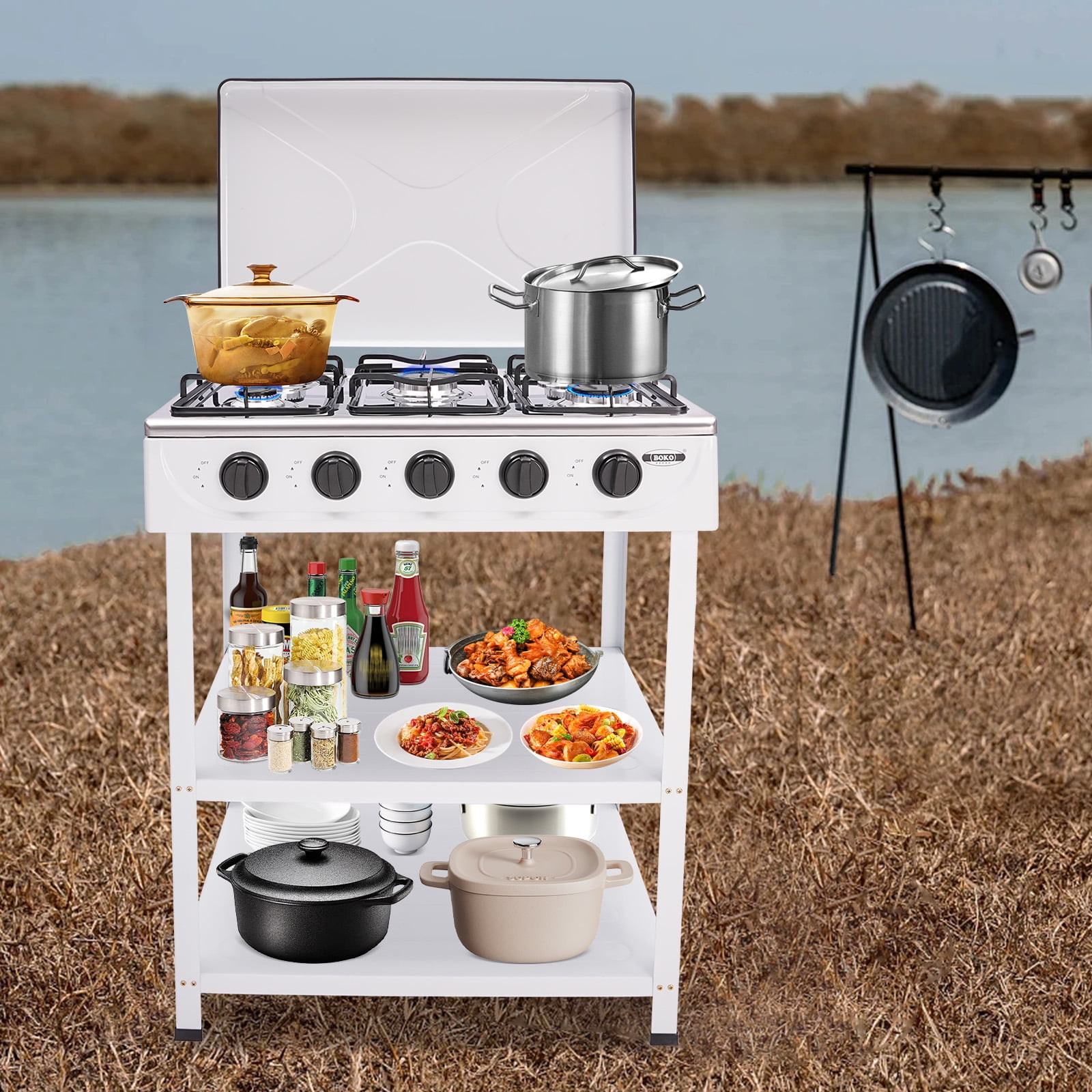 White 5 Burners Portable Natural Gas Stove Propane Burner For Rv Outdoor Cooking