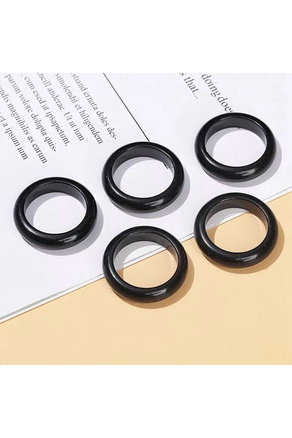 Natural Black Obsidian Gemstone Band Ring Polished Stone Jewelry Unisex R50