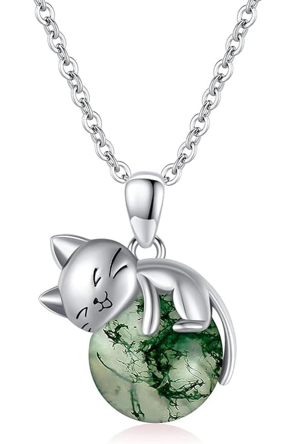 Natural Gemstone Cat Necklace for Women 925 Sterling Silver Cute Kitten Pendant with Genuine Turquoise/Rose Quartz/Amethyst/Larimar/Labradorite/Moss Agate/Blue Sandstone Jewelry Gifts