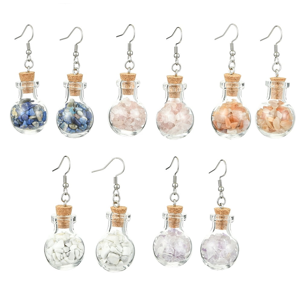 Natural Gemstone Chip Beads with Hole Inside Glass Bottle Dangle Earrings with 304 Stainless Steel Earring Hooks 52mm Pin: 0.7mm