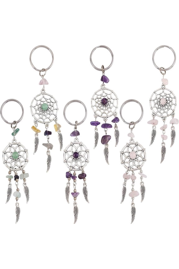 Natural Gemstone Chip Keychain with Alloy Pendants and 316 Surgical Stainless Steel Key Ring Woven Net/Web with Feather Silver Platinum 107mm 118mm