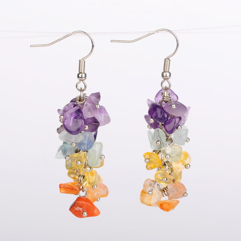 Natural Gemstone Cluster Earrings with Brass Earring Hooks Colorful 56mm Pin: 0.7mm
