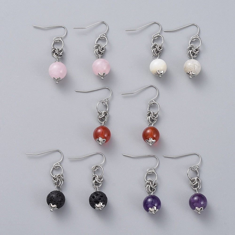 Natural Gemstone Dangle Earrings with 304 Stainless Steel Flower Bead Caps and 316 Surgical Stainless Steel Earring Hooks 39mm Pin: 0.6mm