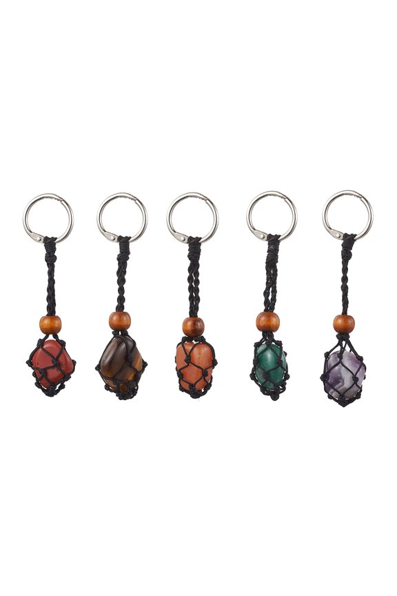Natural Gemstone Keychain with Iron Findings 9-10cm 5pcs/set