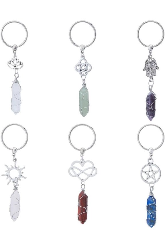 Natural Gemstone Keychain with Iron Findngs Antique Silver & Platinum 9~9.6cm 6pcs/set