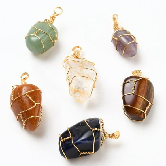 Natural Gemstone Pendants Wire Wrapped Pendants with Golden Plated Copper Wire 32~40x15~22mm Hole: 3mm