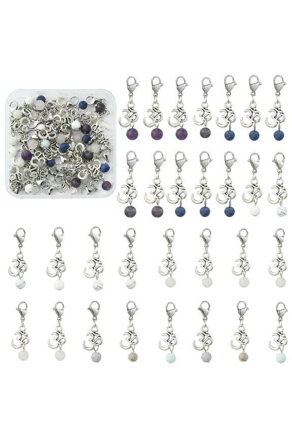 Natural Gemstone Pendants with Alloy Om Symbol Pendants and Brass Lobster Claw Clasps 35mm 30pcs/box
