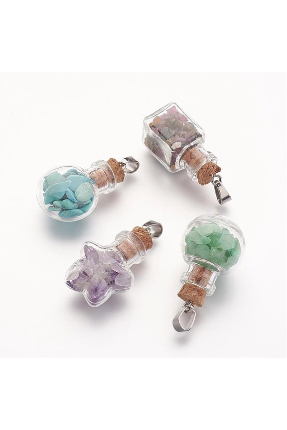 Natural Gemstone Pendants with Glass Bottle for Bead Containers Mixed Shape Mixed Color 38mm Hole: 4x7mm