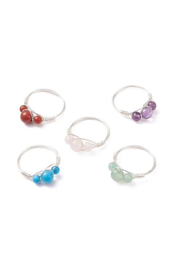 Natural Gemstone Round Beaded Finger Ring Silver Plated Copper Wire Wrap Jewelry for Women US Size 8 1/2(18.5mm) 1~2mm