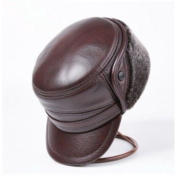 Natural Genuine Leather Caps For Men Winter Bomber Hats F-ur Warm Earmuff Hat Men's Anti-cold Cowhide Leather Cap New ,Fashion