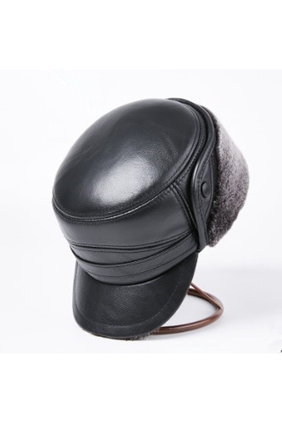 Natural Genuine Leather Caps For Men Winter Bomber Hats F-ur Warm Earmuff Hat Men's Anti-cold Cowhide Leather Cap New ,Fashion