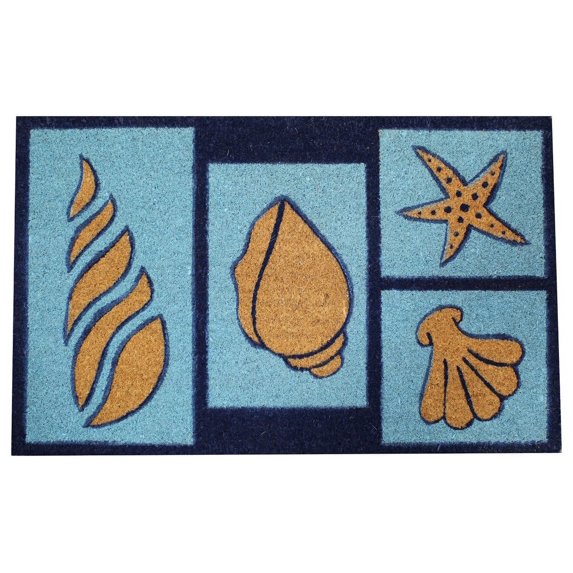 Natural Geo Island Beach Seashells Blue/Sky Coir Doormat, 20"x31"