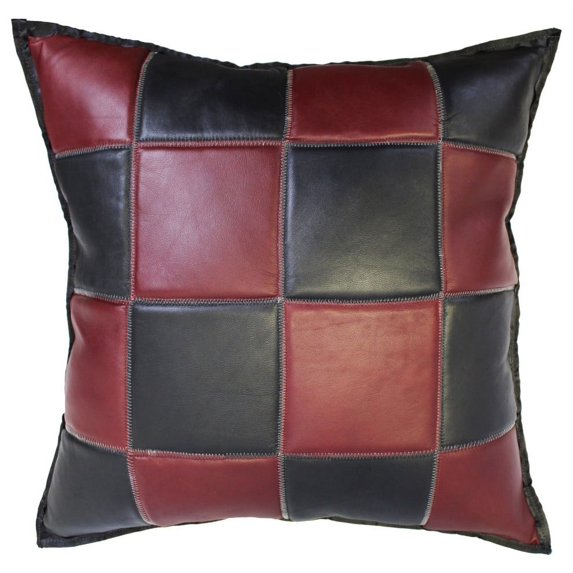 Natural Geo Maroon/Black Voguish Leather Geometric Pillow, 16" X 16"