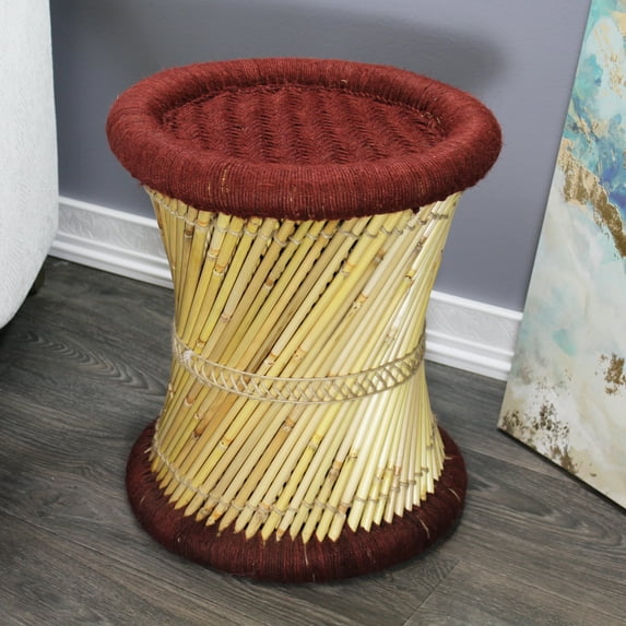 Natural Geo Moray Decorative Handwoven Jute Stool in Burgundy