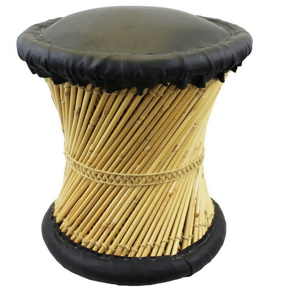 Natural Geo Moray Faux Leather/Reed Decorative Cushioned Accent Stool Black