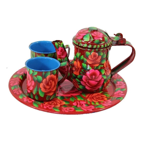 Natural Geo Red Floral 4 Piece Decorative Steel Tea Set