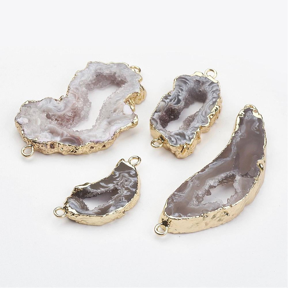 Natural Geode Agate Links connectors with Brass Findings Nuggets Golden 26~54x14.5~30x4~5.5mm Hole: 2mm