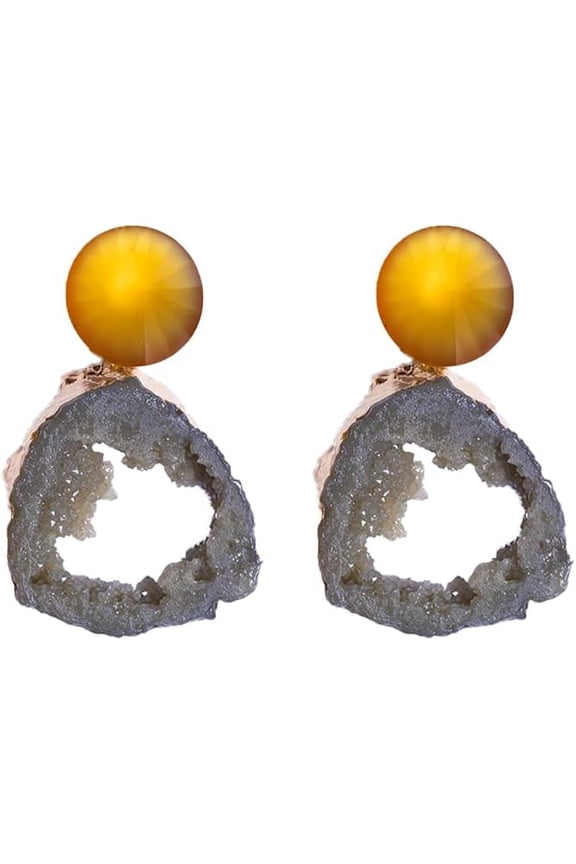 Natural Geode Drop Professional Earrings including Yellow Crystal Studs, Gray Stone Slice Dangle, Statement Jewelry[t763]