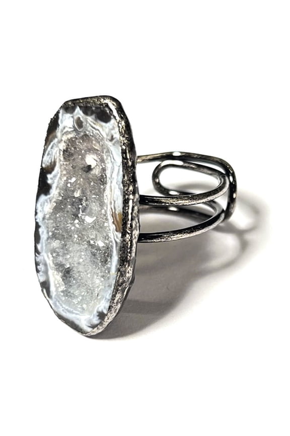 Natural Geode Druzy Crystal Agate Adjustable Open Ring Raw Stone Silver Plated Statement Ring for Women, Healing Boho Jewelry