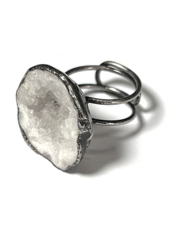 Natural Geode Druzy Crystal Agate Adjustable Open Ring Raw Stone Silver Plated Statement Ring for Women, Healing Boho Jewelry