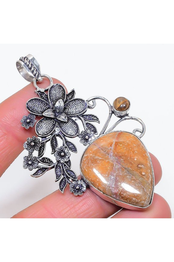 Natural Ghost Eye Jasper, Tiger Eye 925 Sterling Silver Pendant 2.96"