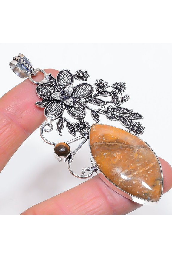 Natural Ghost Eye Jasper, Tiger Eye 925 Sterling Silver Pendant 3.35"