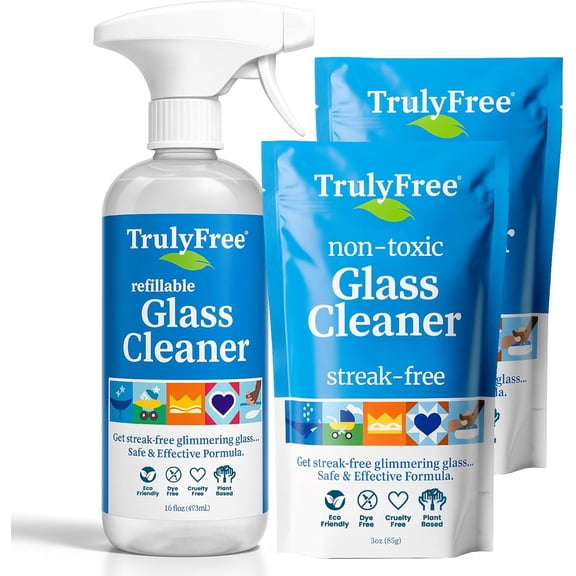 Natural Glass Cleaner - Removes Dirt & Debris for Sparkling Clean Windows & Glass Surfaces at Home, Office & Garage, Includes: 1 Refillable Empty Bottle (16oz) & 2 Refills (3oz ea)