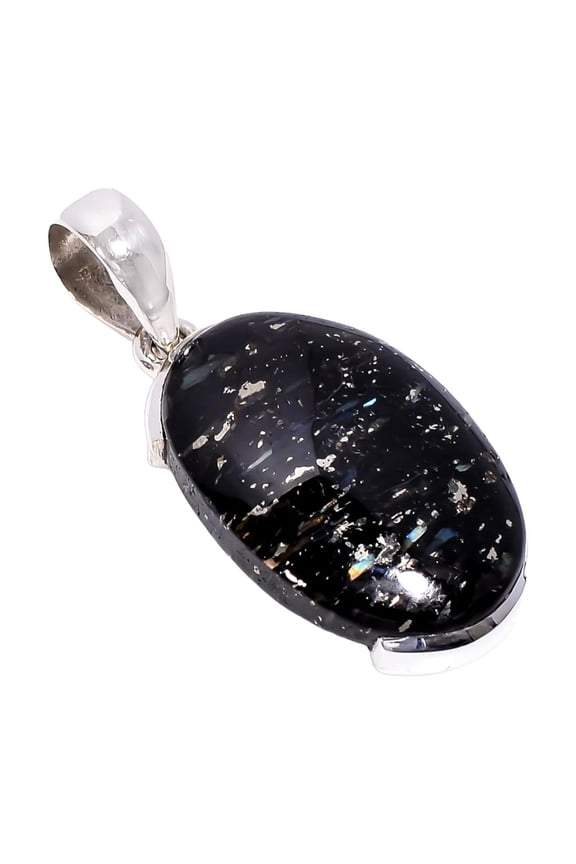 Natural Golden Blue Fire Nuummite Stone 925 Sterling Silver Statement Pendant Gift for Her