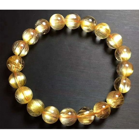 Natural Golden Rutilated Quartz 10mm Round Shape Smooth Cut Beads Stretchable Bracelet for Men & Women.
