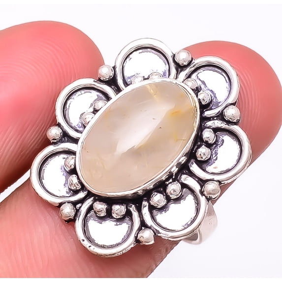 Natural Golden Rutilated Quartz 925 Sterling Silver Ring Size 9|Handmade Ring, Gift for her, Golden Ring, Gemstone Silver Jewelry