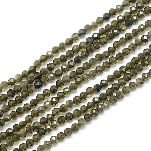 Natural Golden Sheen Obsidian Beads Strands Faceted Round 3~3.5mm Hole: 0.5mm about 110~130pcs/strand 15.9 inch
