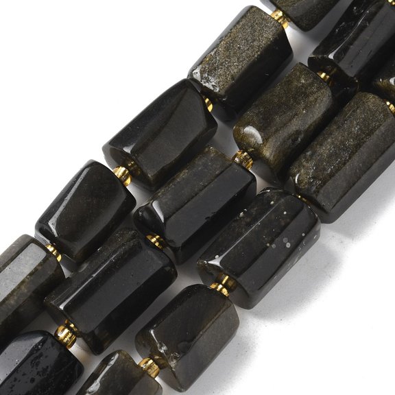 Natural Golden Sheen Obsidian Beads Strands with Seed Beads Faceted Column 8.5~11x5.5~6.5mm Hole: 1mm about 14~15pcs/strand 7.48''(19cm) DIY