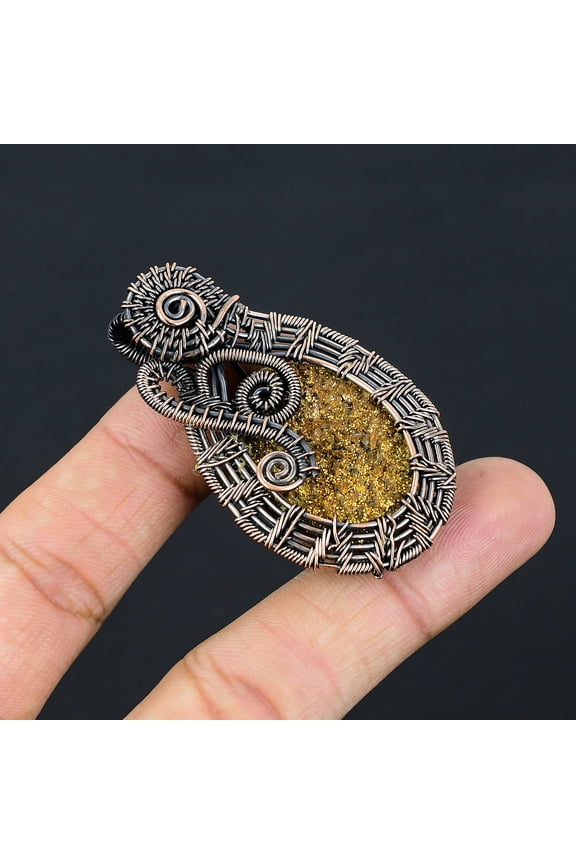 Natural Golden Titanium Druzy Handmade Copper Wire Wrap Pendant 2.17"